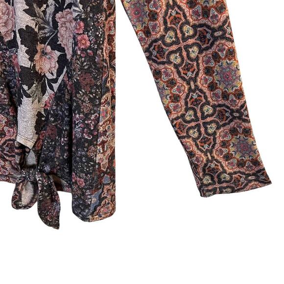One World Charming Art Patchwork Tie In Front Floral Top Long Sleeve Size L - Picture 7 of 15